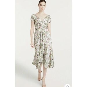 Cinq a Sept Walker Midi Dress Size 0 Knotted Floral Green Pink V Neck NEW $395